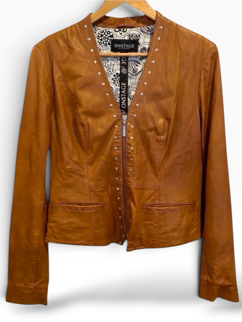 Onstage Denmark brown soft genuine leather jacket studded zip up Vneck 40